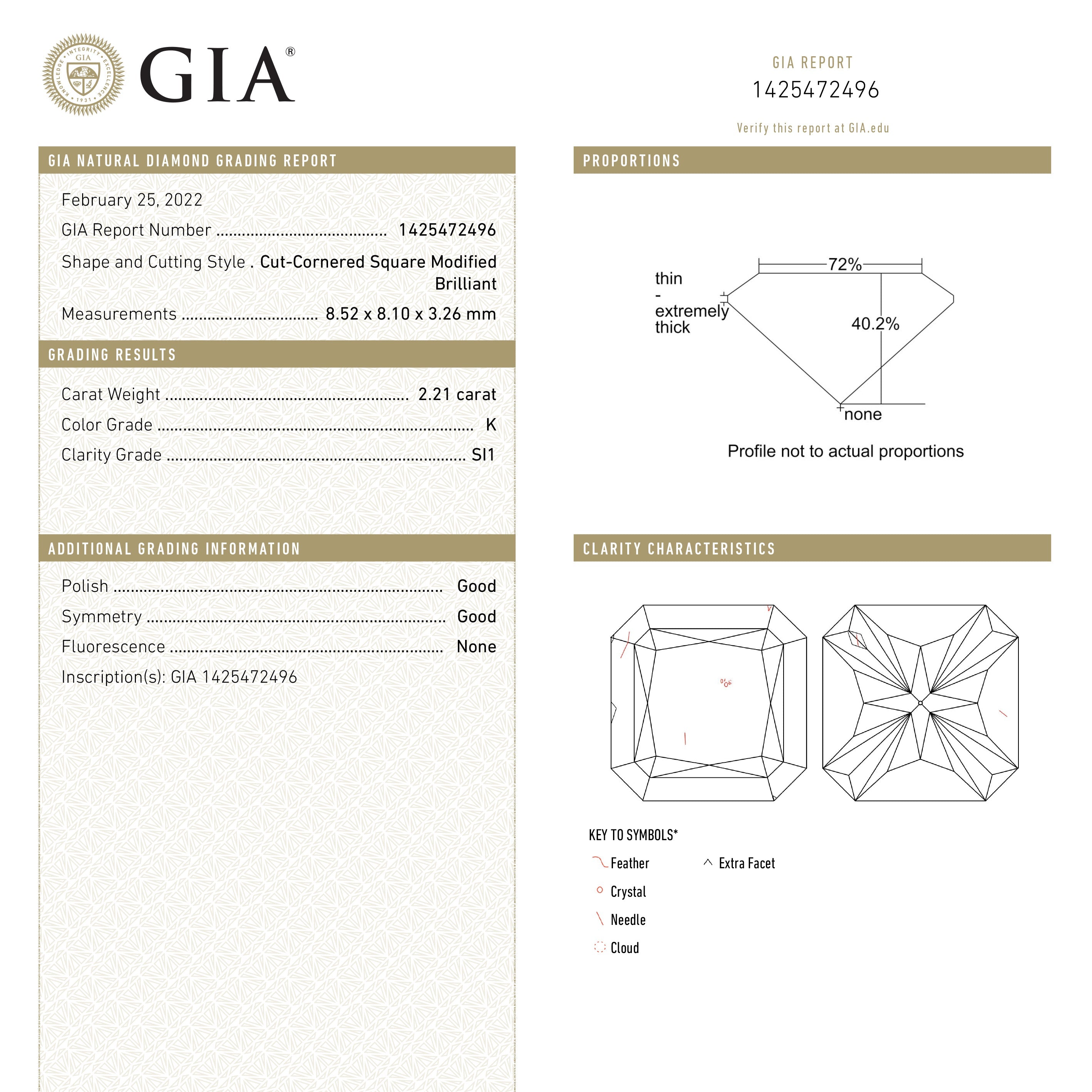 2.21ct 8.52x8.10x3.26mm GIA SI1 K Cut Corner Square Rosecut 20734-01