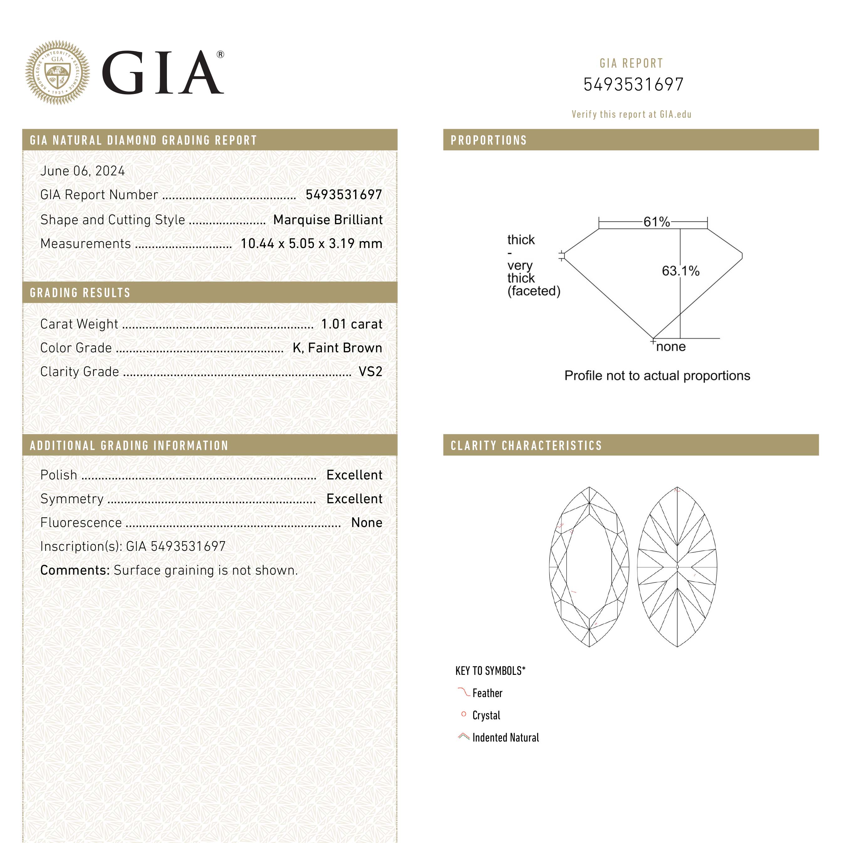 1.01ct 10.44x5.05x3.19mm GIA VS2 K Marquise Brilliant 🇨🇦 25106-01