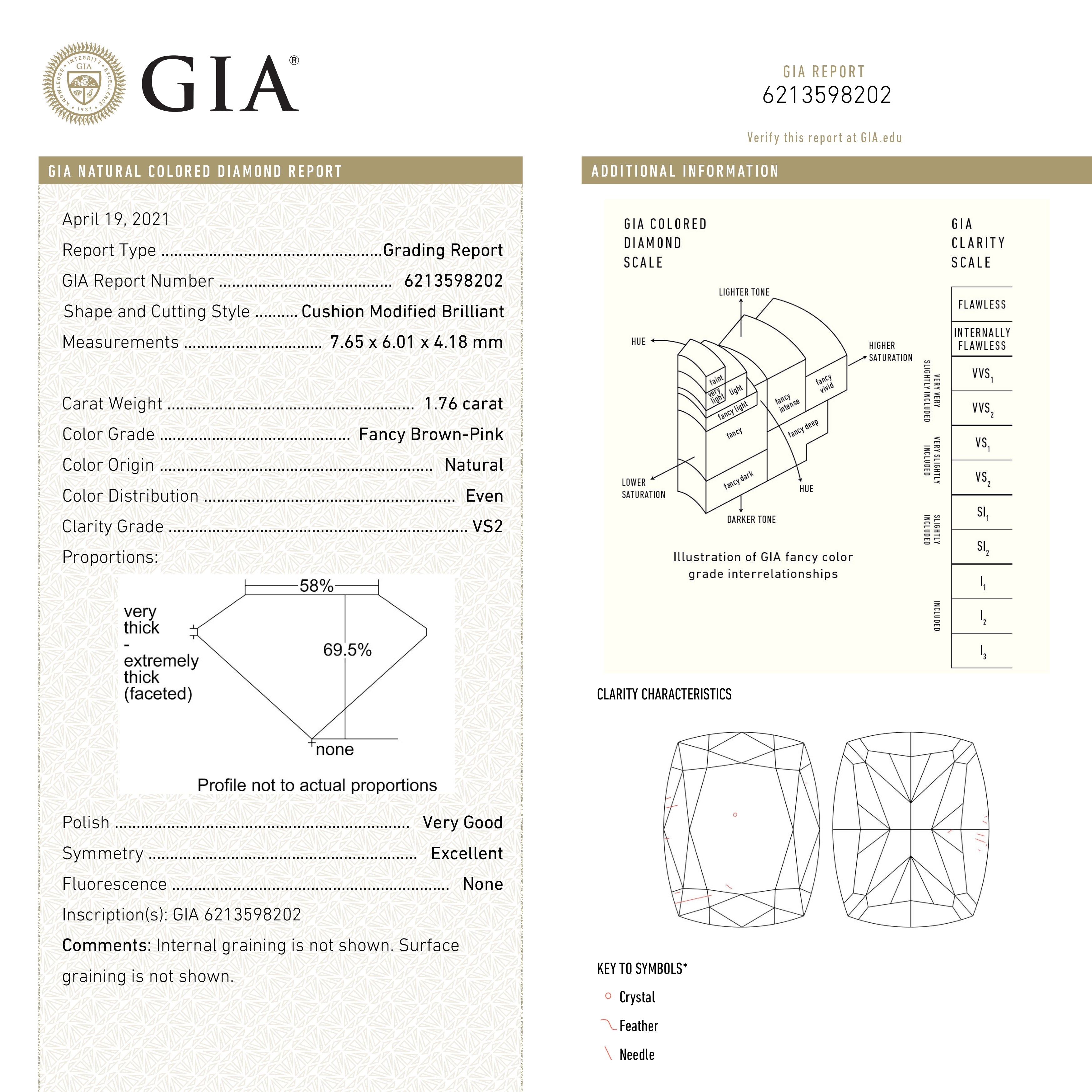 1.76ct 7.65x6.01x4.18mm GIA VS2 Fancy Brown-Pink Cushion Brilliant 🇨🇦 24111-01
