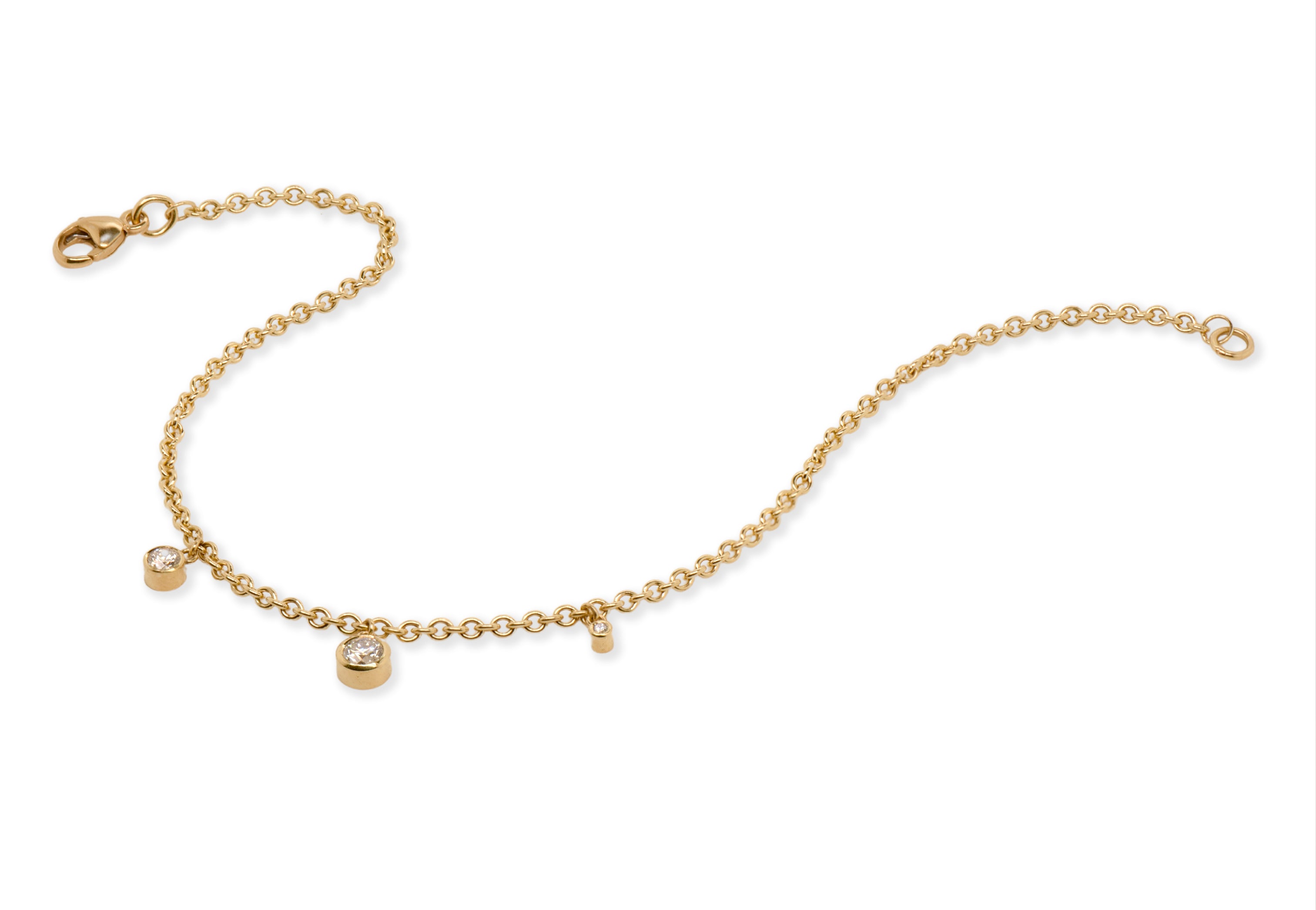 handmade diamond drop bracelet with 3 diamond on 18ct gold chain