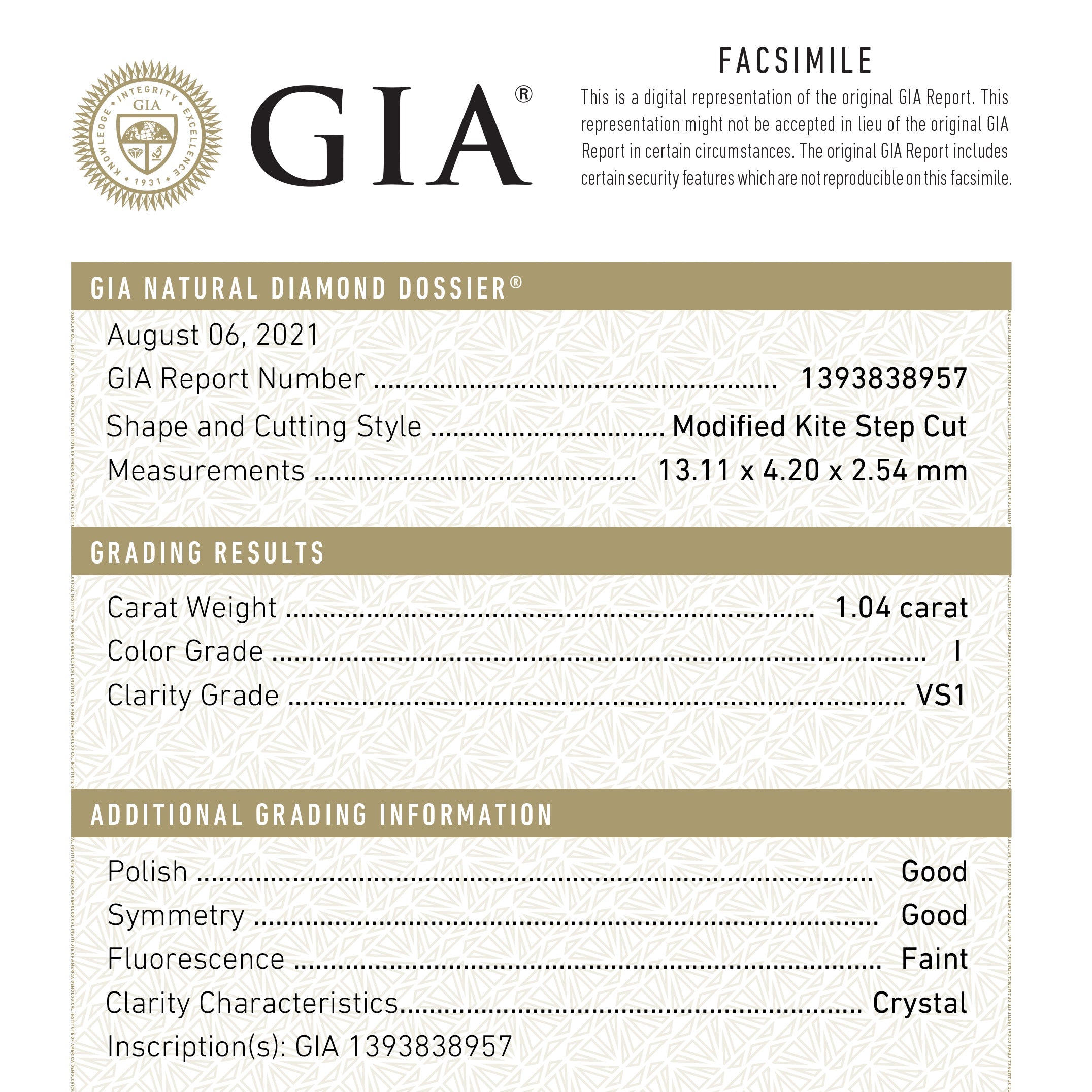 1.04ct 13.11x4.20x2.54mm GIA VS1 I Kite Step Cut 19512-01