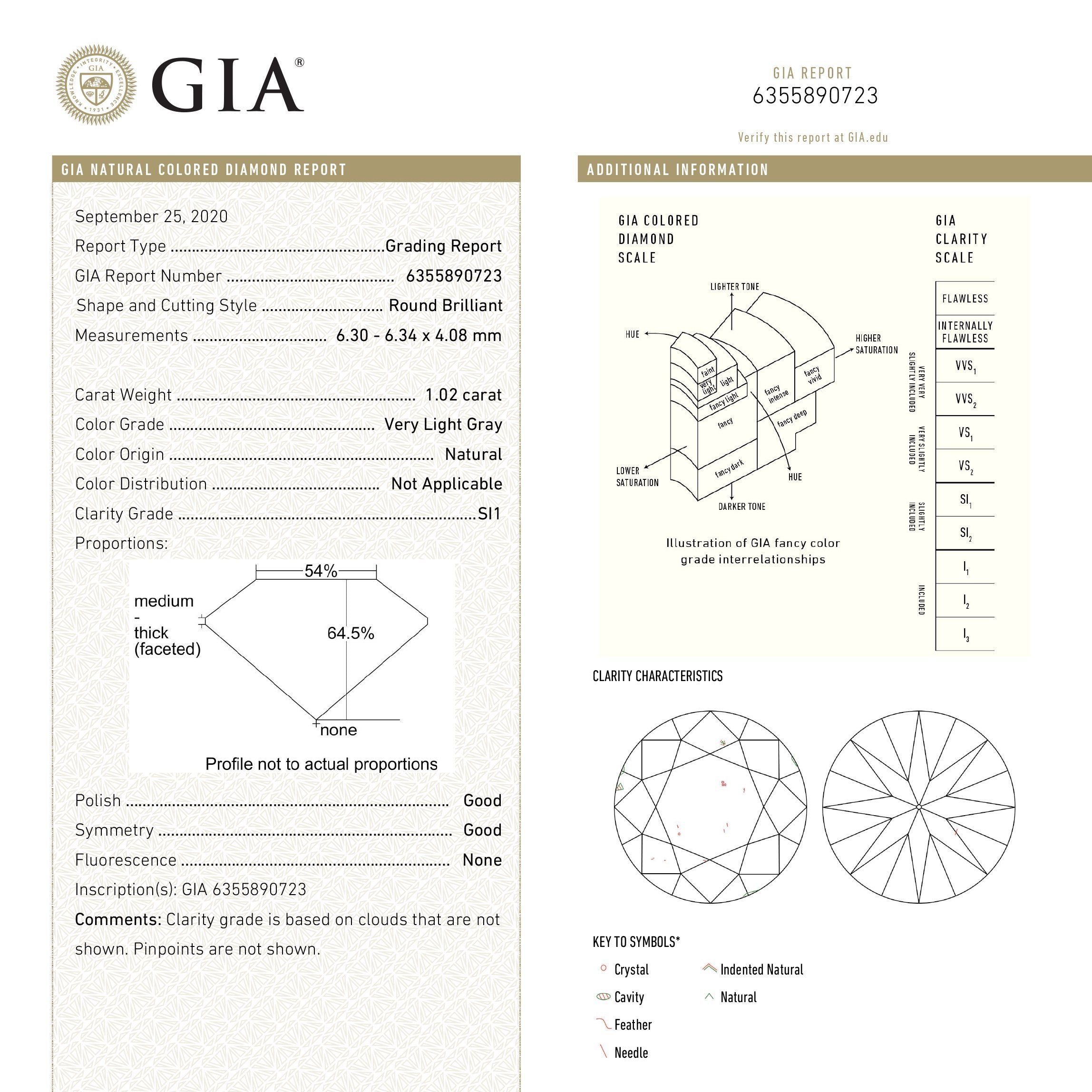 1.02ct 6.34x6.30x4.08mm GIA SI1 Light Grey Round Brilliant 18675-01 - Misfit Diamonds