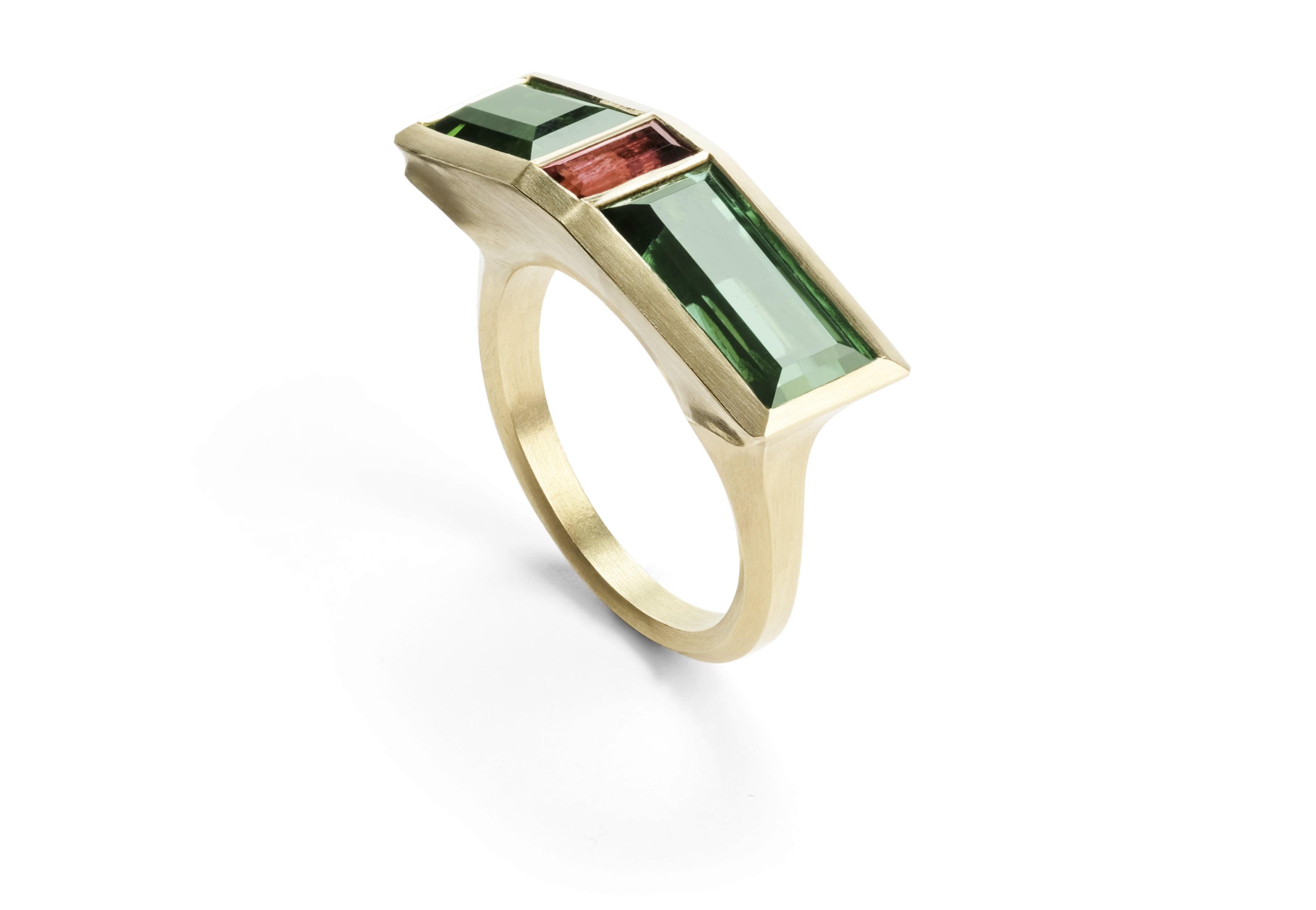 Carved yellow gold arris ring with green and pink tourmalines-McCaul