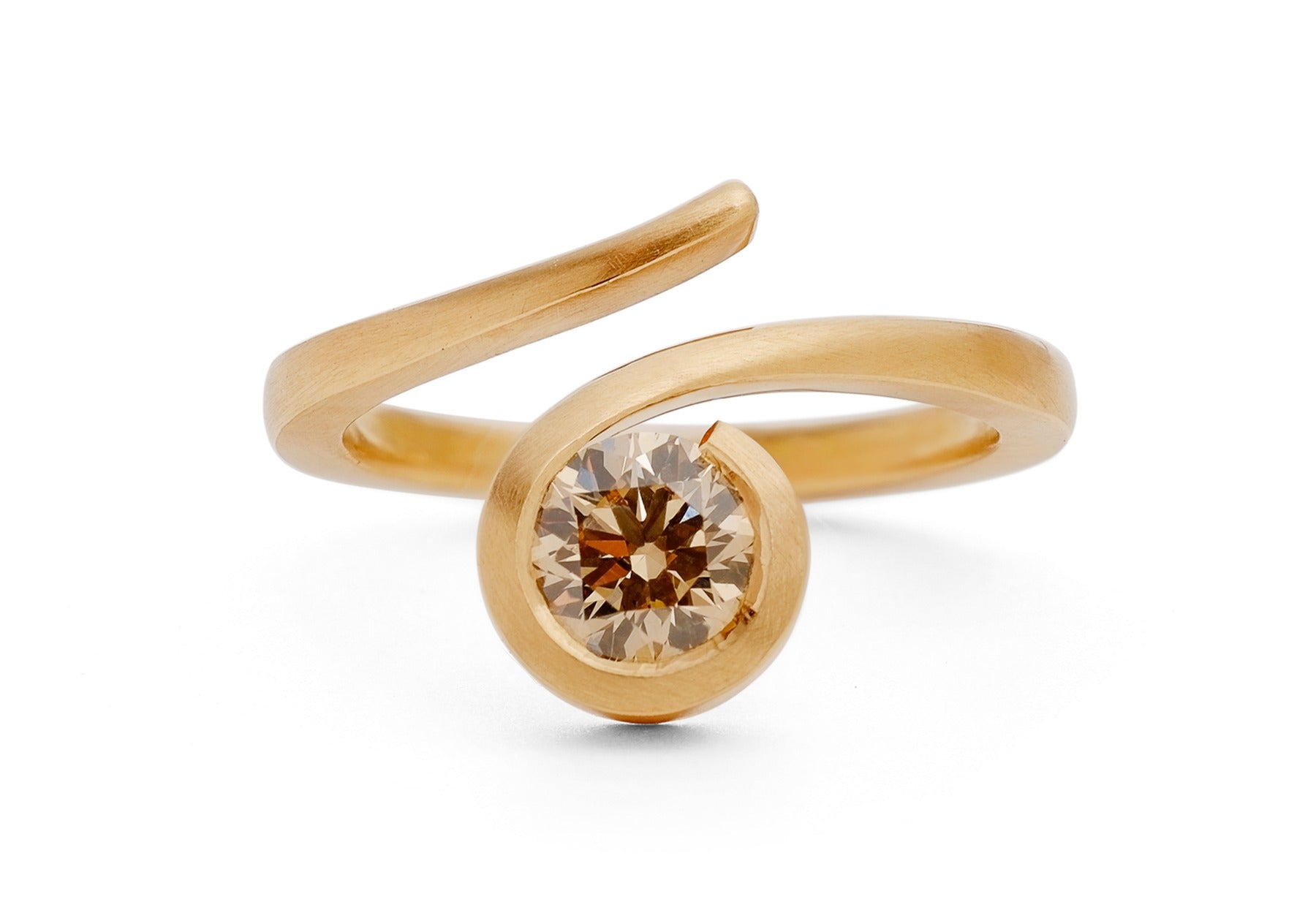 Contemporary 'Twist' 18 carat rose gold and round cognac diamond engagement ring