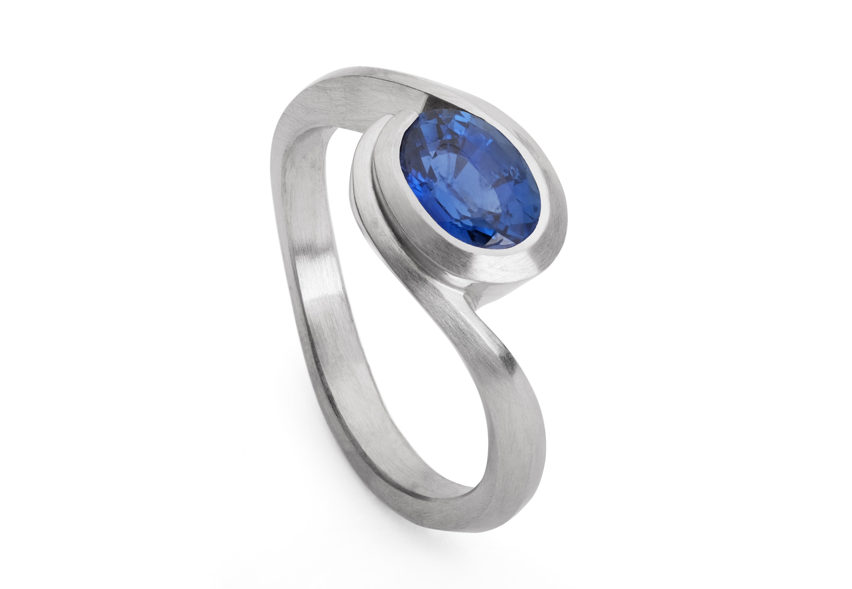 Platinum and oval blue sapphire wave engagement ring-McCaul